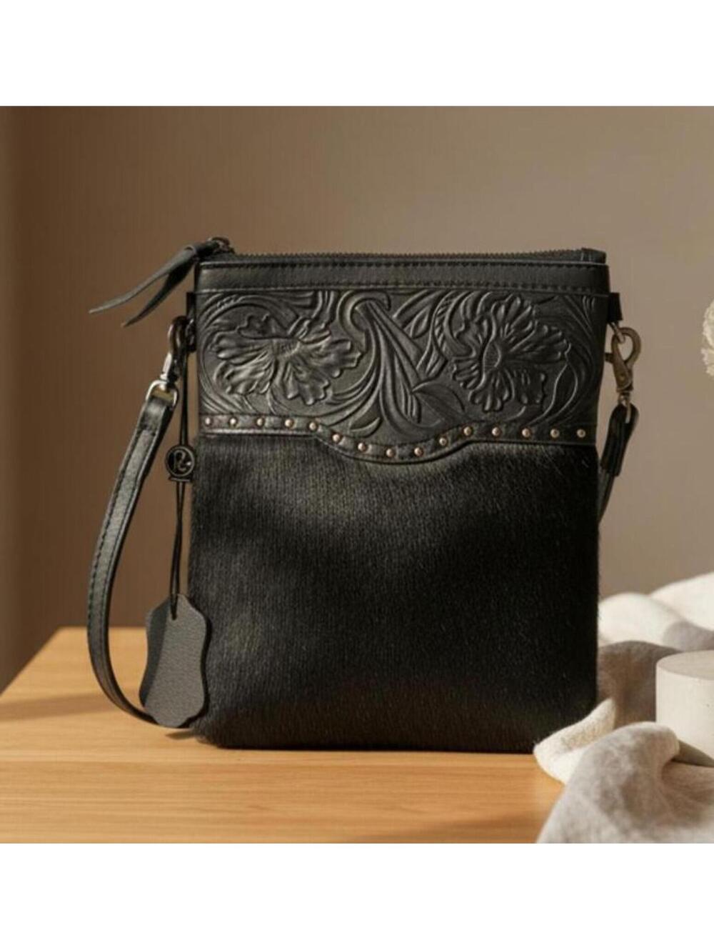 NWT Black Floral Embossed Genuine Cowhide Western Leather Crossbody Bag